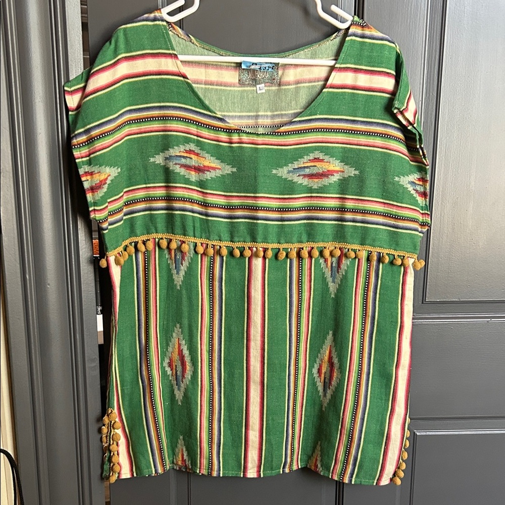 Silverado Green Aztec-Striped Pom-Pom Blouse